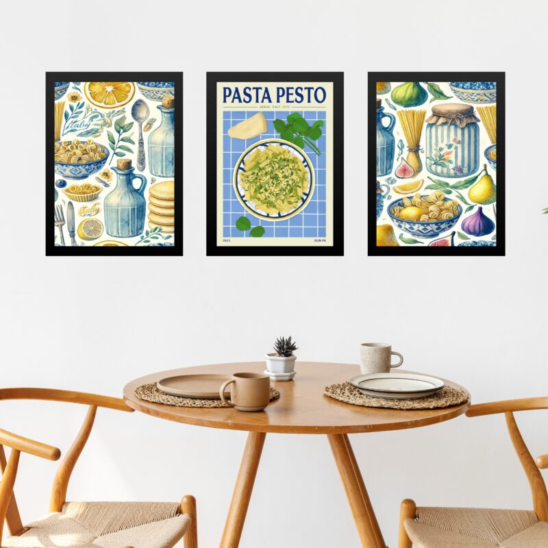 Kit 3 Quadros Para Cozinha Azul - Pasta Pesto