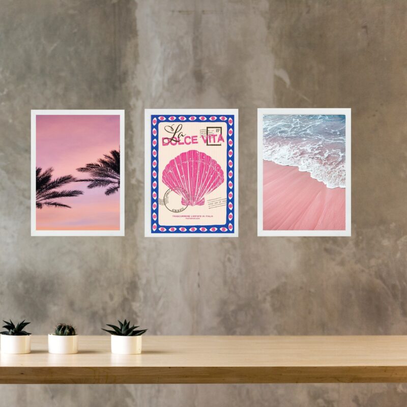 Kit 3 Quadros Praia Azul e Rosa - La Dolce Vita
