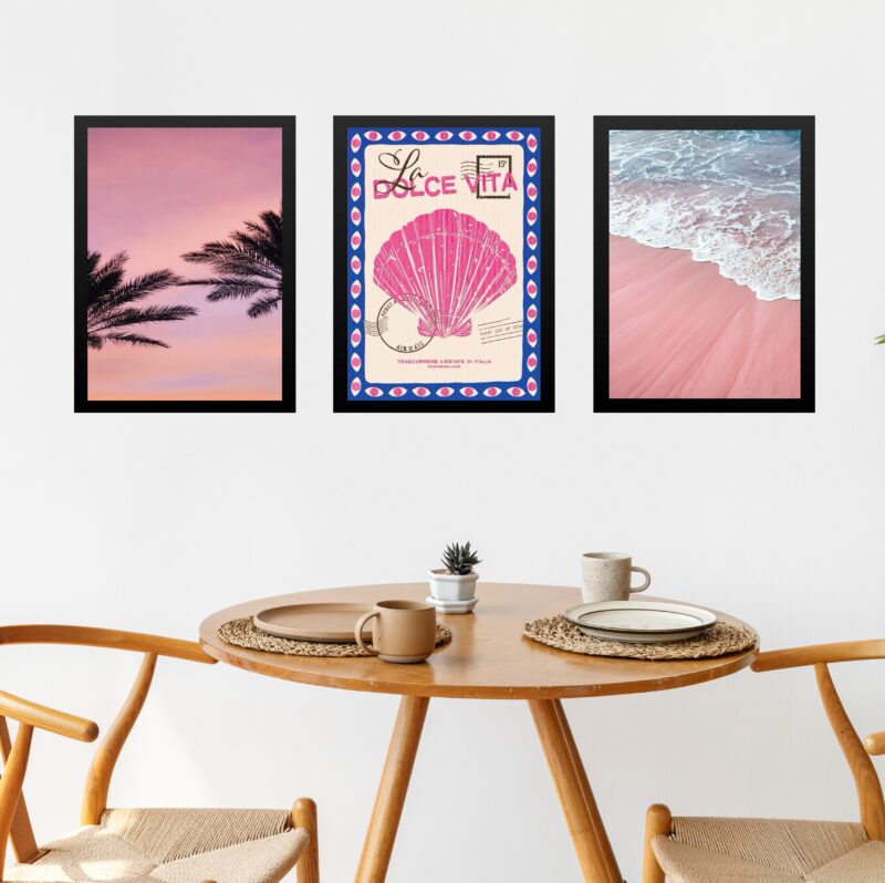 Kit 3 Quadros Praia Azul e Rosa - La Dolce Vita