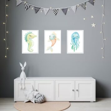 Kit 3 Quadros Quarto Infantil Animais Marinhos