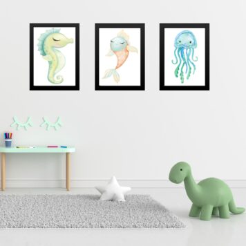 Kit 3 Quadros Quarto Infantil Animais Marinhos