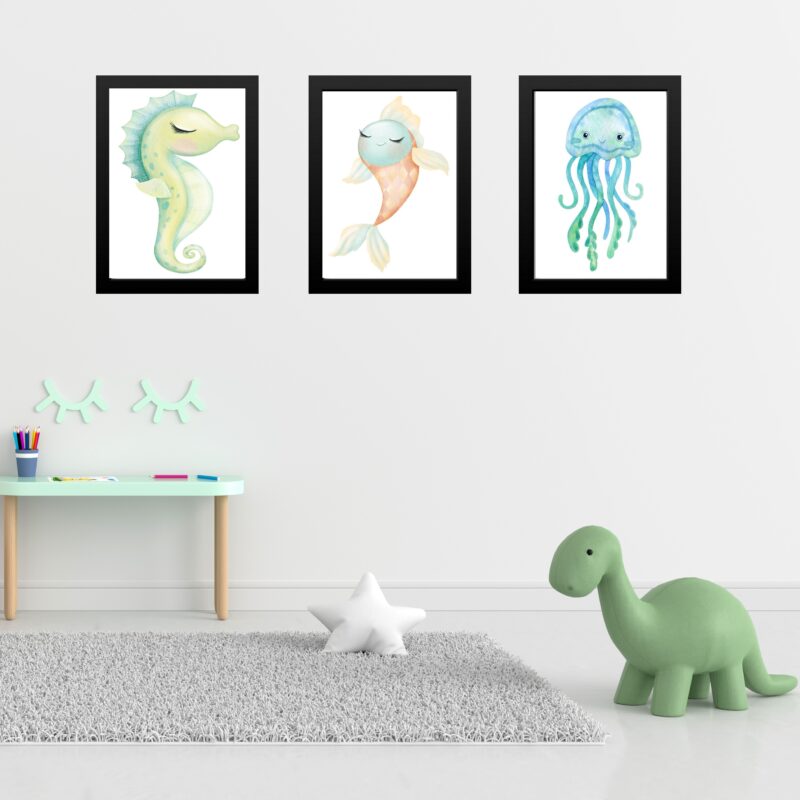 Kit 3 Quadros Quarto Infantil Animais Marinhos