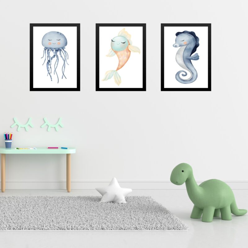 Kit 3 Quadros Quarto Infantil Fundo Do Mar