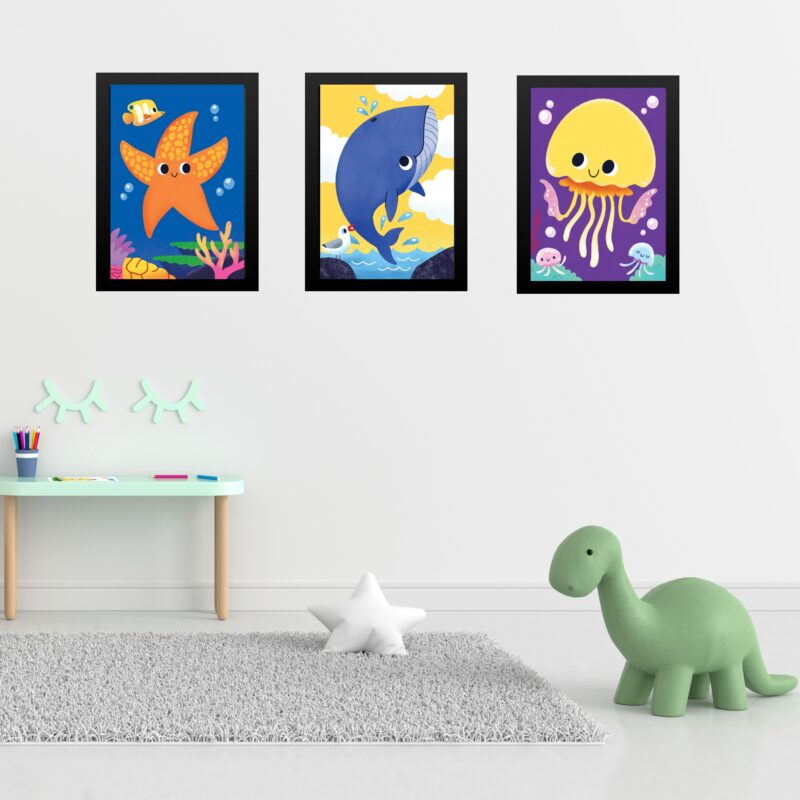 Kit 3 Quadros Quarto Infantil Tema Animais Marinhos