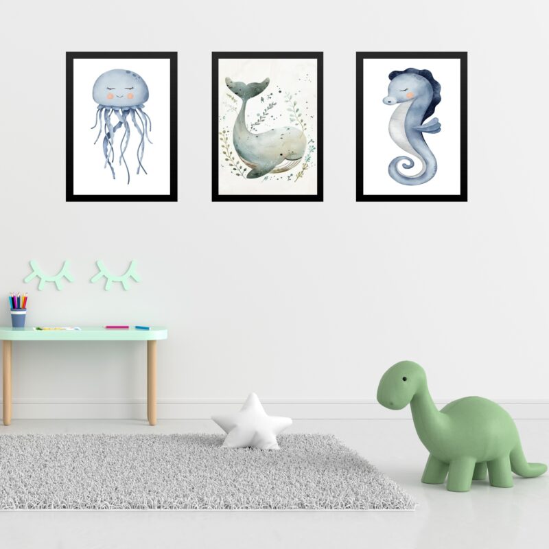 Kit 3 Quadros Quarto Infantil Tema Fundo Do Mar