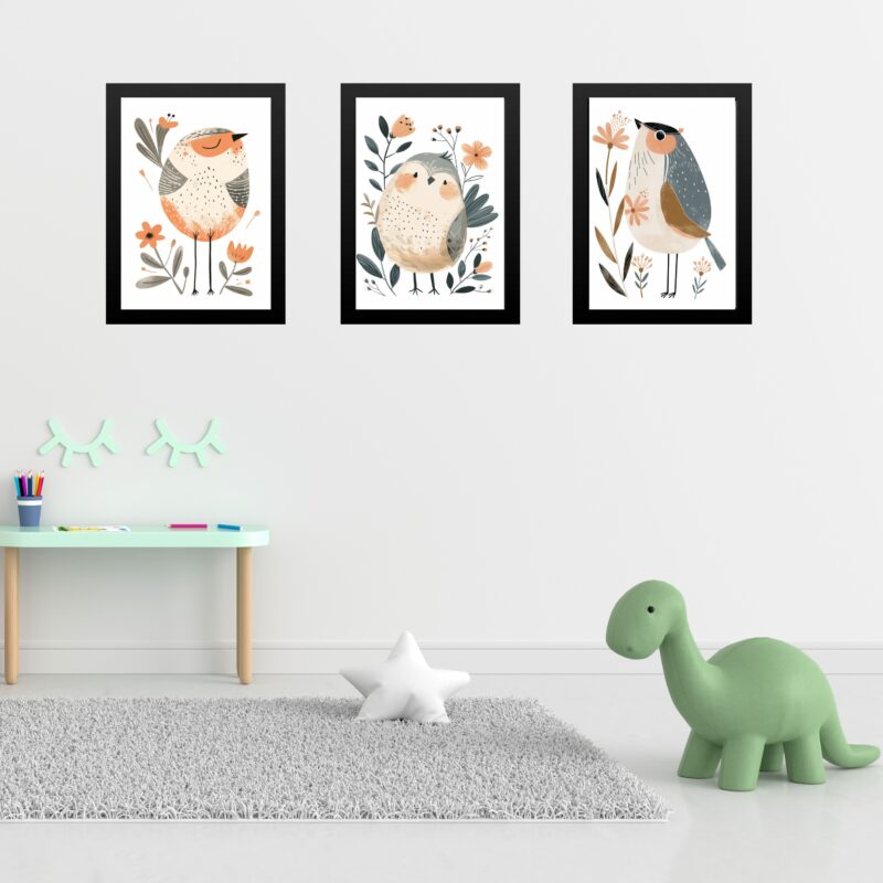 Kit 3 Quadros Quarto Infantil Tema Passarinhos