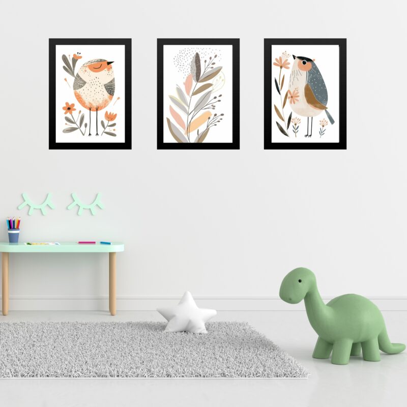 Kit 3 Quadros Quarto Infantil Tema Passarinhos e Flores