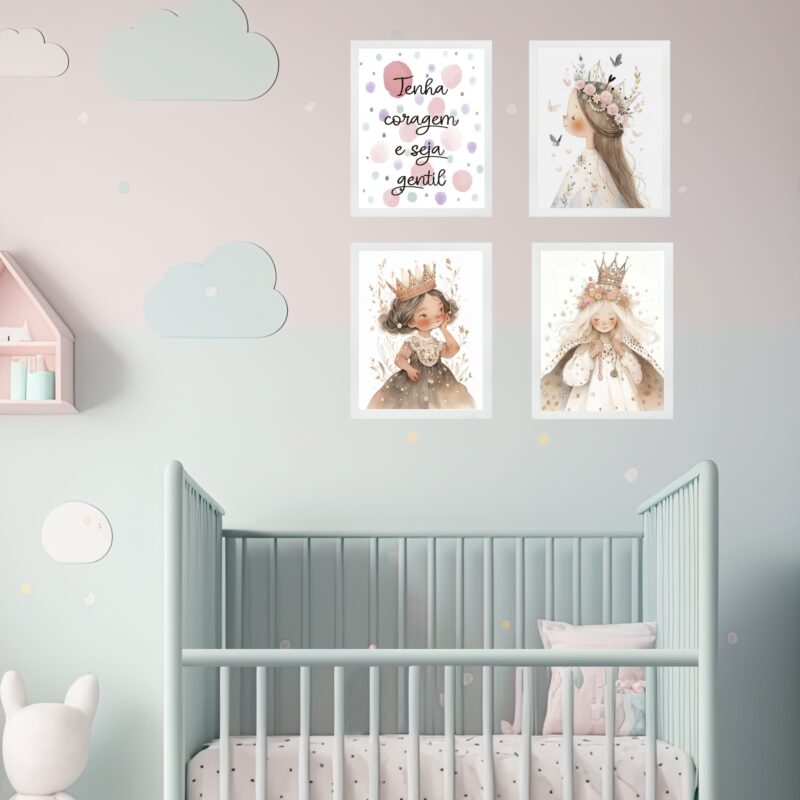 Kit 4 Quadros Infantis Princesas - Tenha Coragem