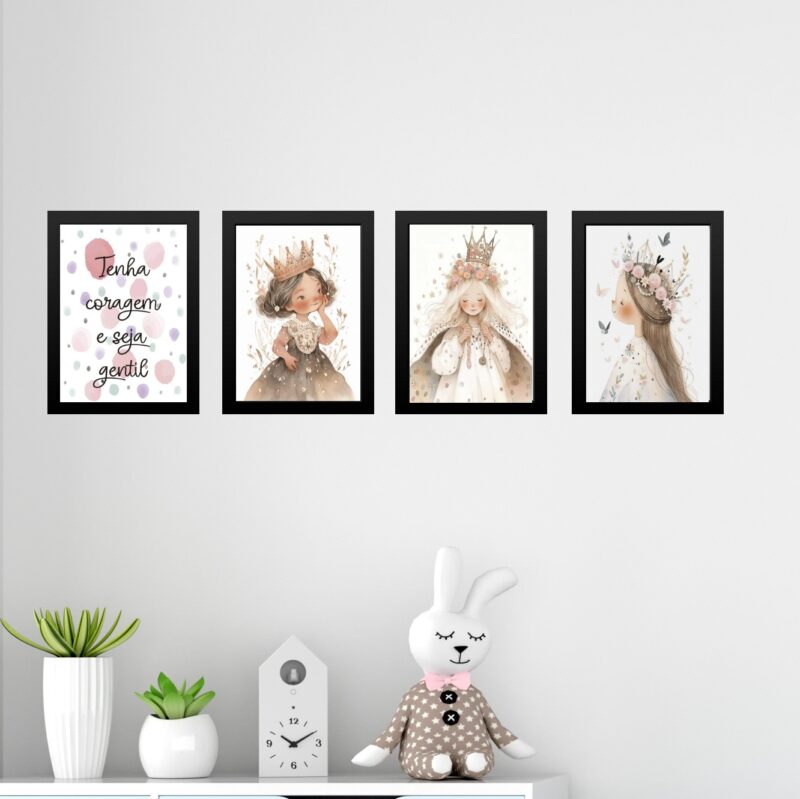 Kit 4 Quadros Infantis Princesas - Tenha Coragem