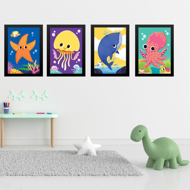Kit 4 Quadros Quarto Infantil Tema Animais Marinhos