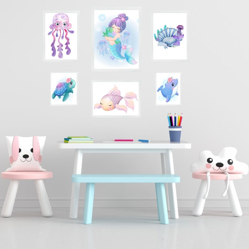 Kit 6 Quadros Quarto Infantil Fundo Do Mar Sereia