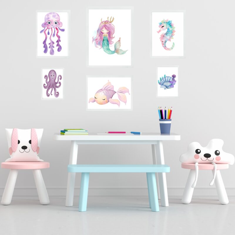 Kit 6 Quadros Quarto Infantil Menina - Fundo Do Mar