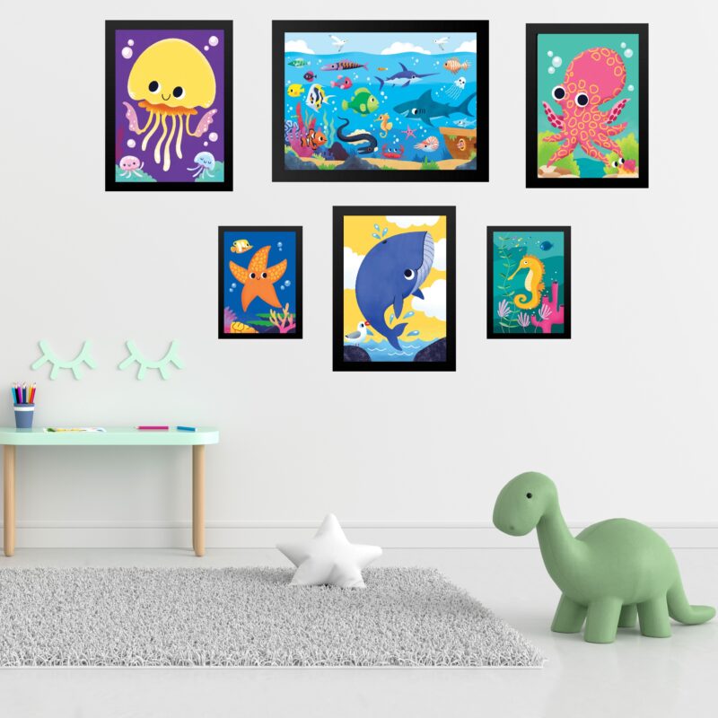 Kit 6 Quadros Quarto Infantil Tema Animais Marinhos