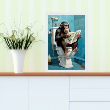 Quadro Divertido Banheiro Chipanzé Com Jornal