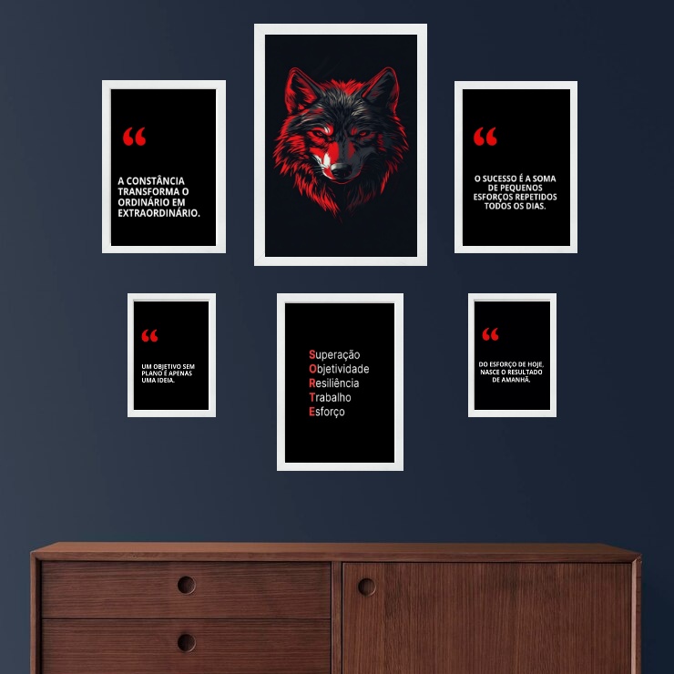 Composição 5 Quadros Motivacionais Sucesso - Lobo