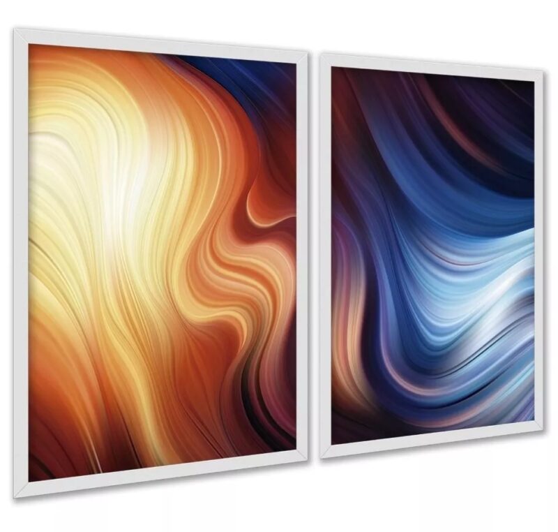 Kit 2 Quadros Abstratos Laranja Azul Ondas