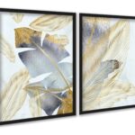 Kit 2 Quadros Folhas Bananeiras Cinza e Dourado