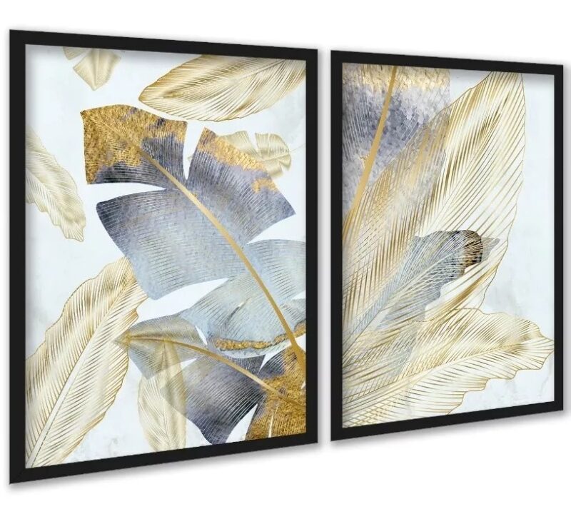 Kit 2 Quadros Folhas Bananeiras Cinza e Dourado