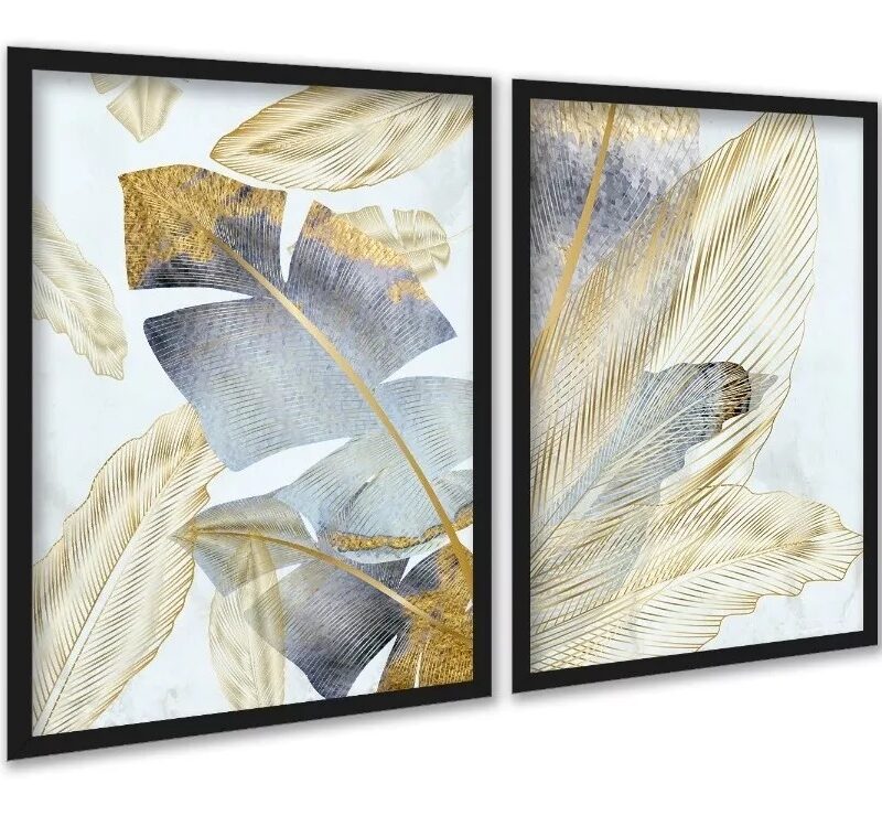 Kit 2 Quadros Folhas Bananeiras Cinza e Dourado