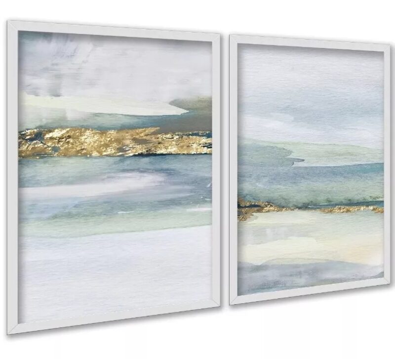 Kit 2 Quadros Abstratos Aquarela Verde Dourado
