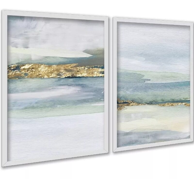 Kit 2 Quadros Abstratos Aquarela Verde Dourado