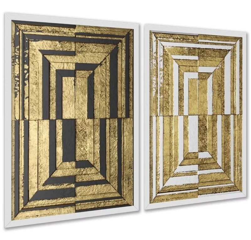 Kit 2 Quadros Abstratos Efeito 3 D - Preto Branco Ouro