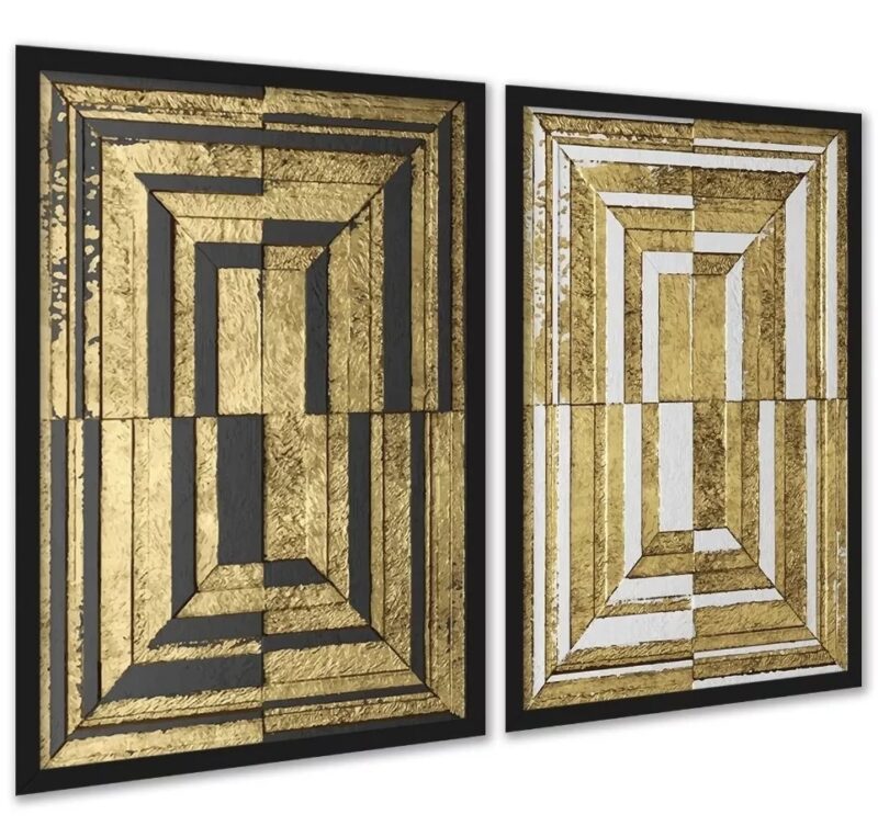 Kit 2 Quadros Abstratos Efeito 3 D - Preto Branco Ouro