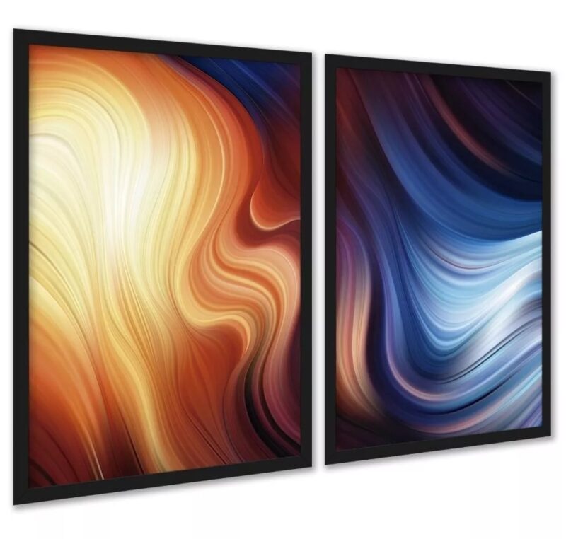Kit 2 Quadros Abstratos Laranja Azul Ondas