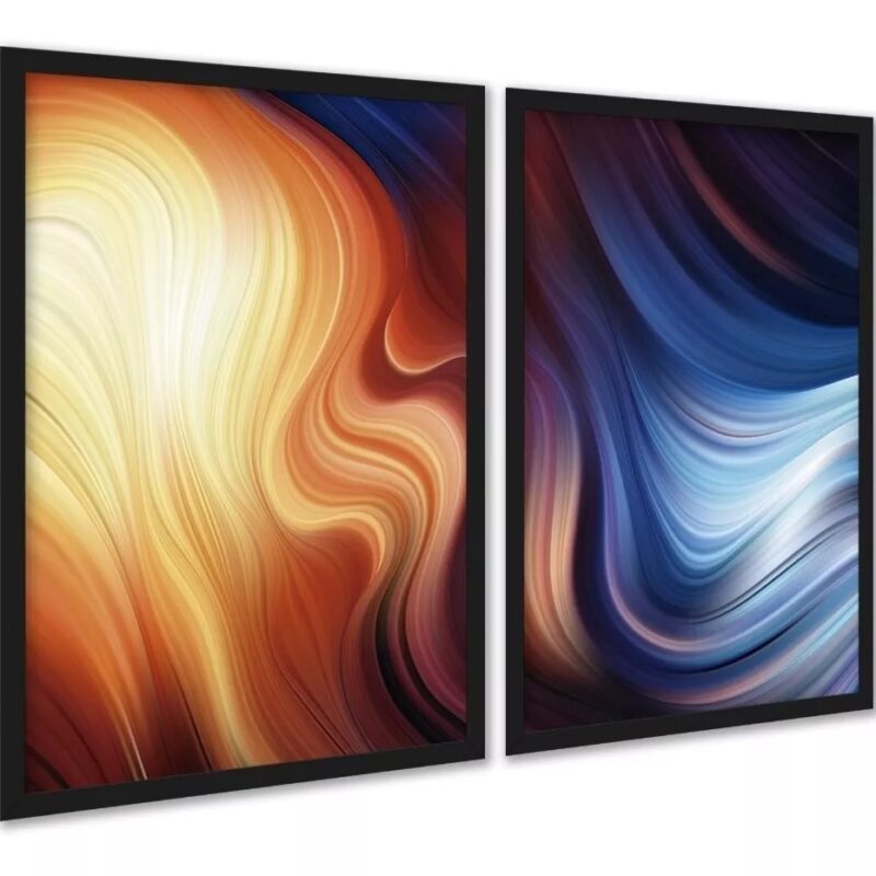 Kit 2 Quadros Abstratos Laranja Azul Ondas