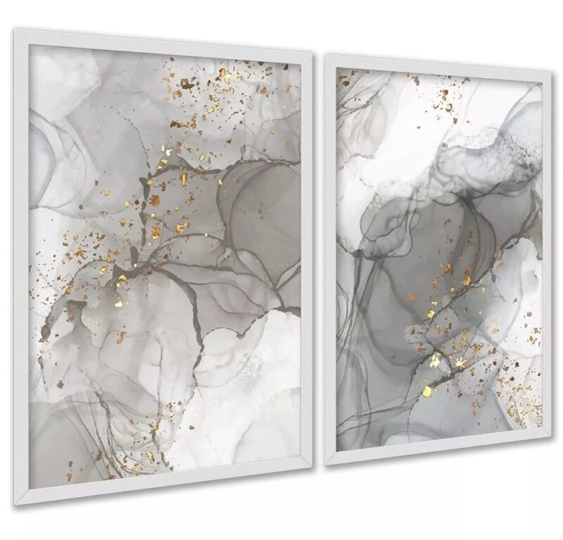 Kit 2 Quadros Abstratos Luxo Mármore Cinza
