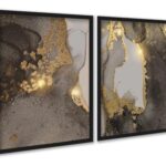 Kit 2 Quadros Abstratos Mármore Dourado Marrom