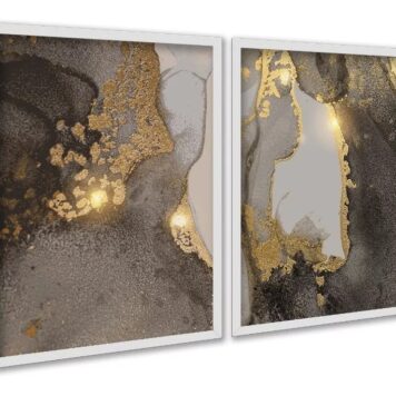 Kit 2 Quadros Abstratos Mármore Dourado Marrom