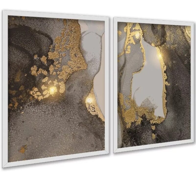Kit 2 Quadros Abstratos Mármore Dourado Marrom