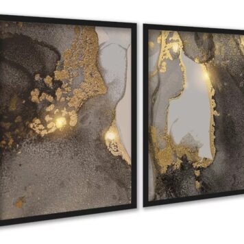 Kit 2 Quadros Abstratos Mármore Dourado Marrom