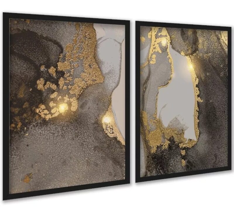 Kit 2 Quadros Abstratos Mármore Dourado Marrom