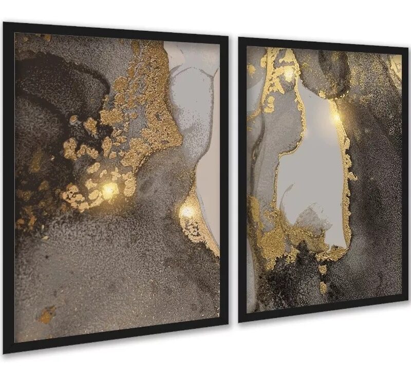Kit 2 Quadros Abstratos Mármore Dourado Marrom