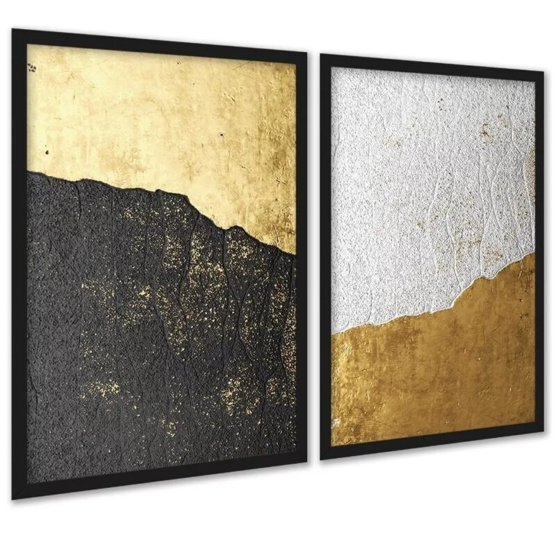 Kit 2 Quadros Abstratos Rústicos Preto Dourado
