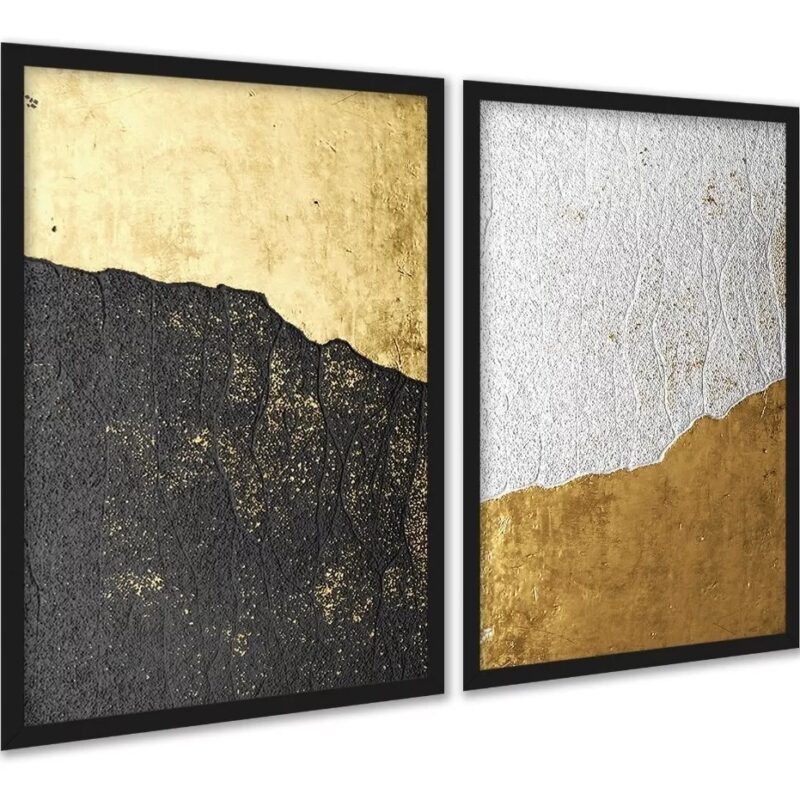 Kit 2 Quadros Abstratos Rústicos Preto Dourado