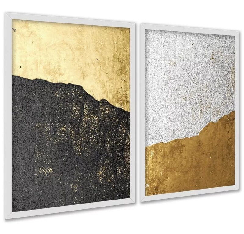 Kit 2 Quadros Abstratos Rústicos Preto Dourado