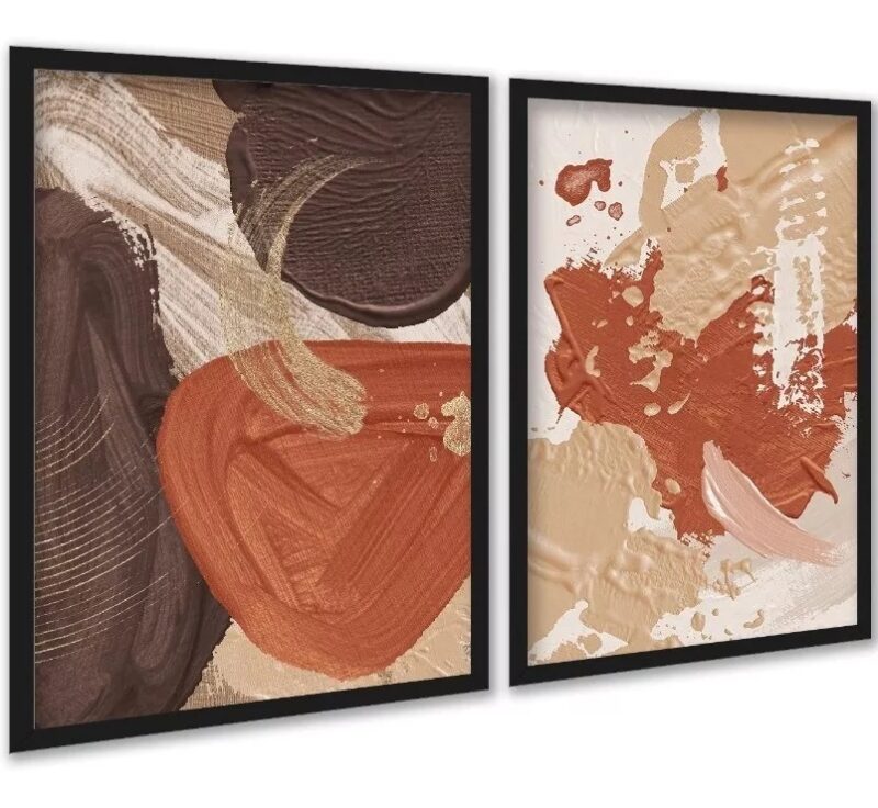 Kit 2 Quadros Abstratos Terracota Efeito Tinta
