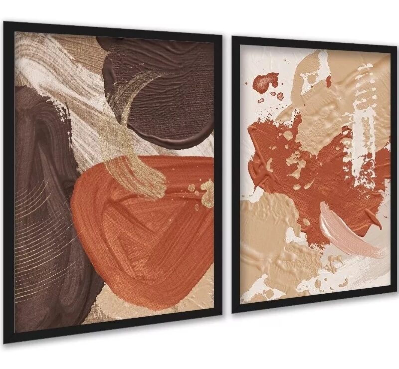 Kit 2 Quadros Abstratos Terracota Efeito Tinta