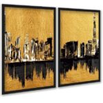 Kit 2 Quadros Arte Cidades Preto Com Dourado