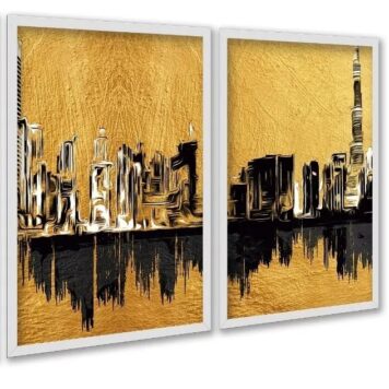 Kit 2 Quadros Arte Cidades Preto Com Dourado