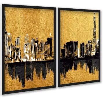 Kit 2 Quadros Arte Cidades Preto Com Dourado