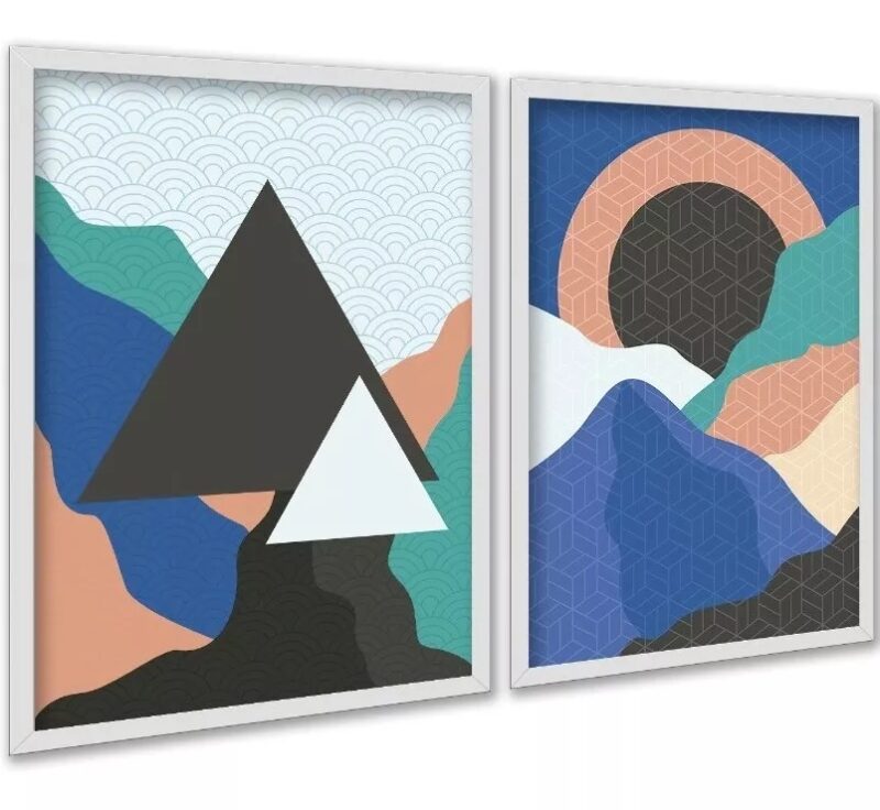 Kit 2 Quadros Bohos Montanhas Azul Verde