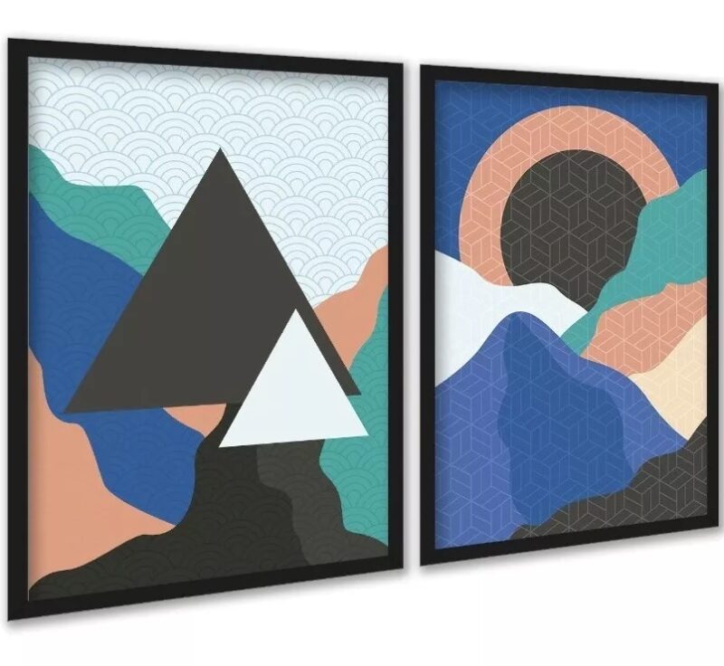 Kit 2 Quadros Bohos Montanhas Azul Verde
