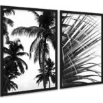 Kit 2 Quadros Coqueiro Planta Preto e Branco