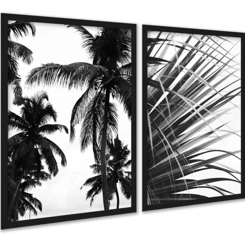 Kit 2 Quadros Coqueiro Planta Preto e Branco