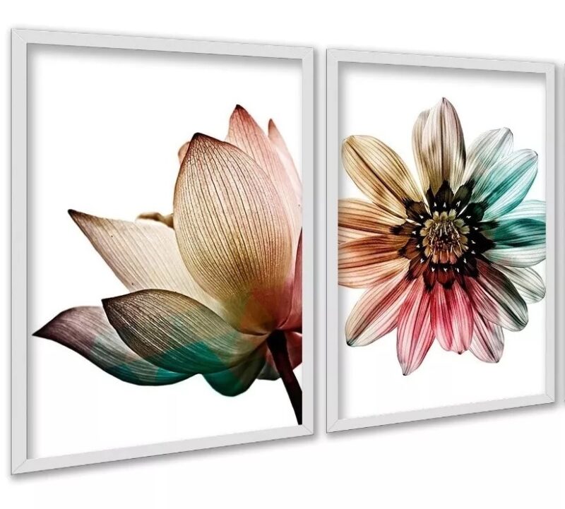 Kit 2 Quadros Decorativos Floral Colorido Arco Iris