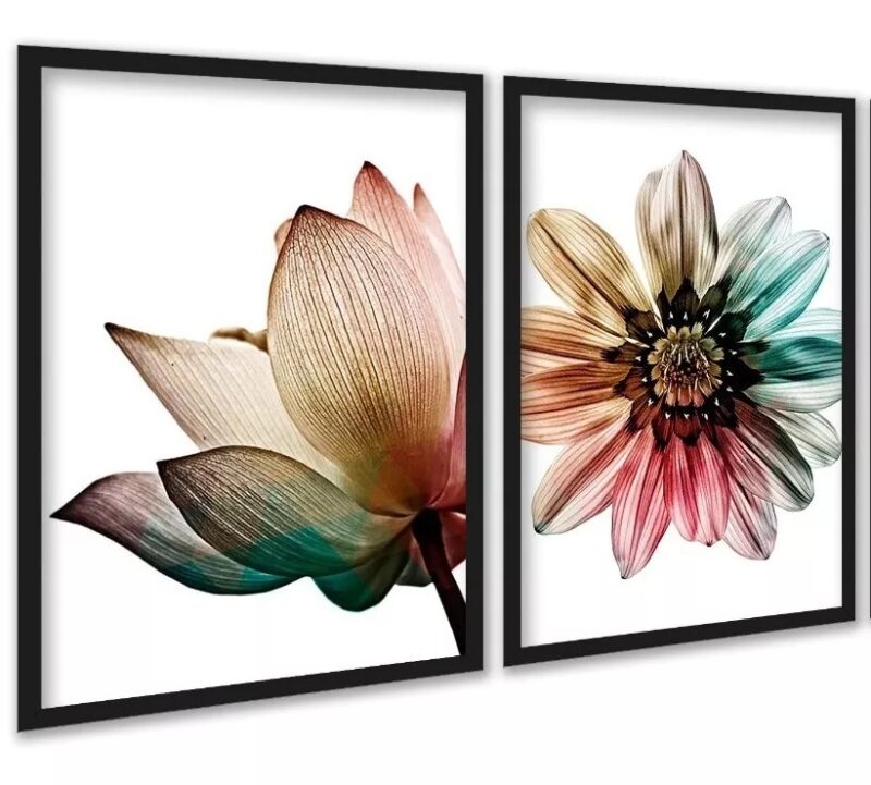 Kit 2 Quadros Decorativos Floral Colorido Arco Iris